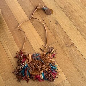 Boho Fringe Crossbody Bag in Tan with Multicolor Accents